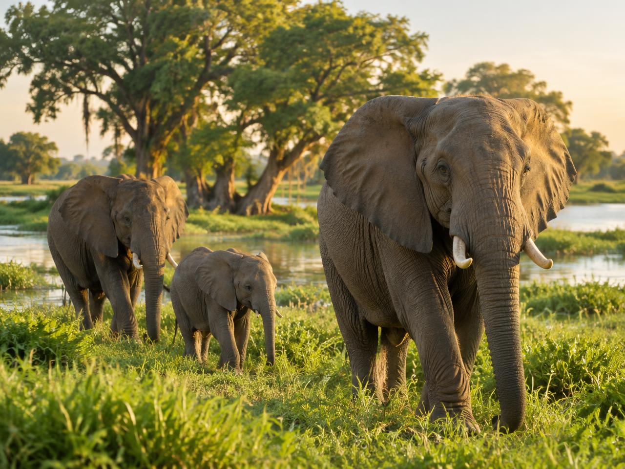 Illustrative elephant family in a green African floodplain